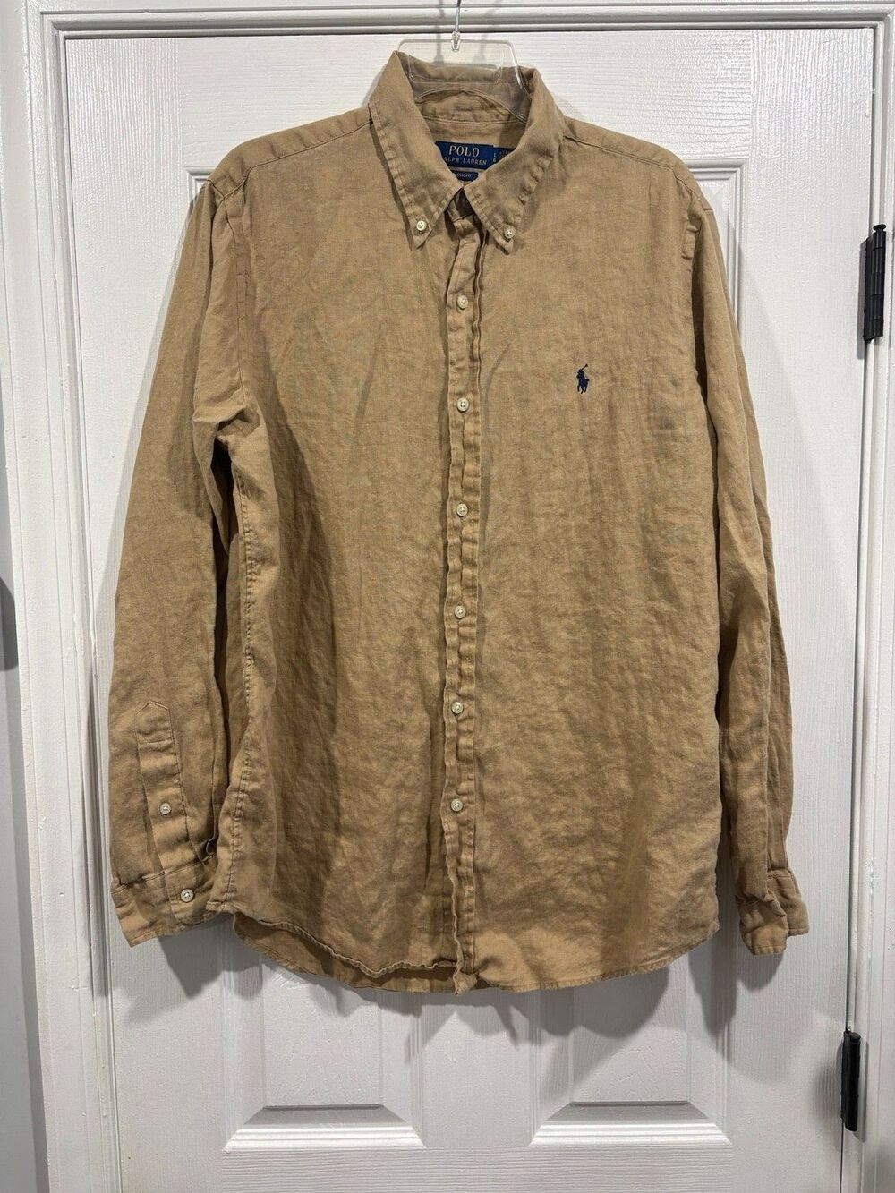 Polo Ralph Lauren Mens L 100% Linen Shirt Tan Beige Classic Fit Button Down